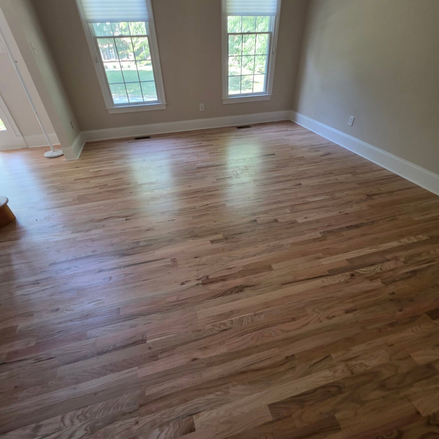 Close-up of a flooring nailer securing a hardwood plank