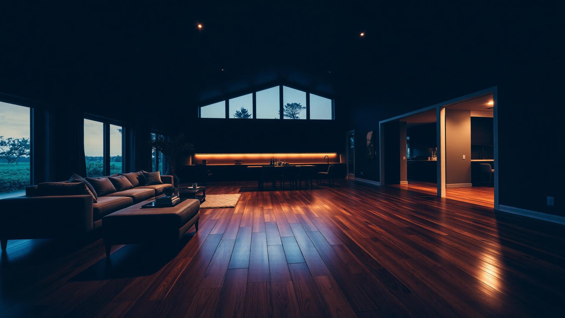 Finished hardwood floor in a modern living space at dusk